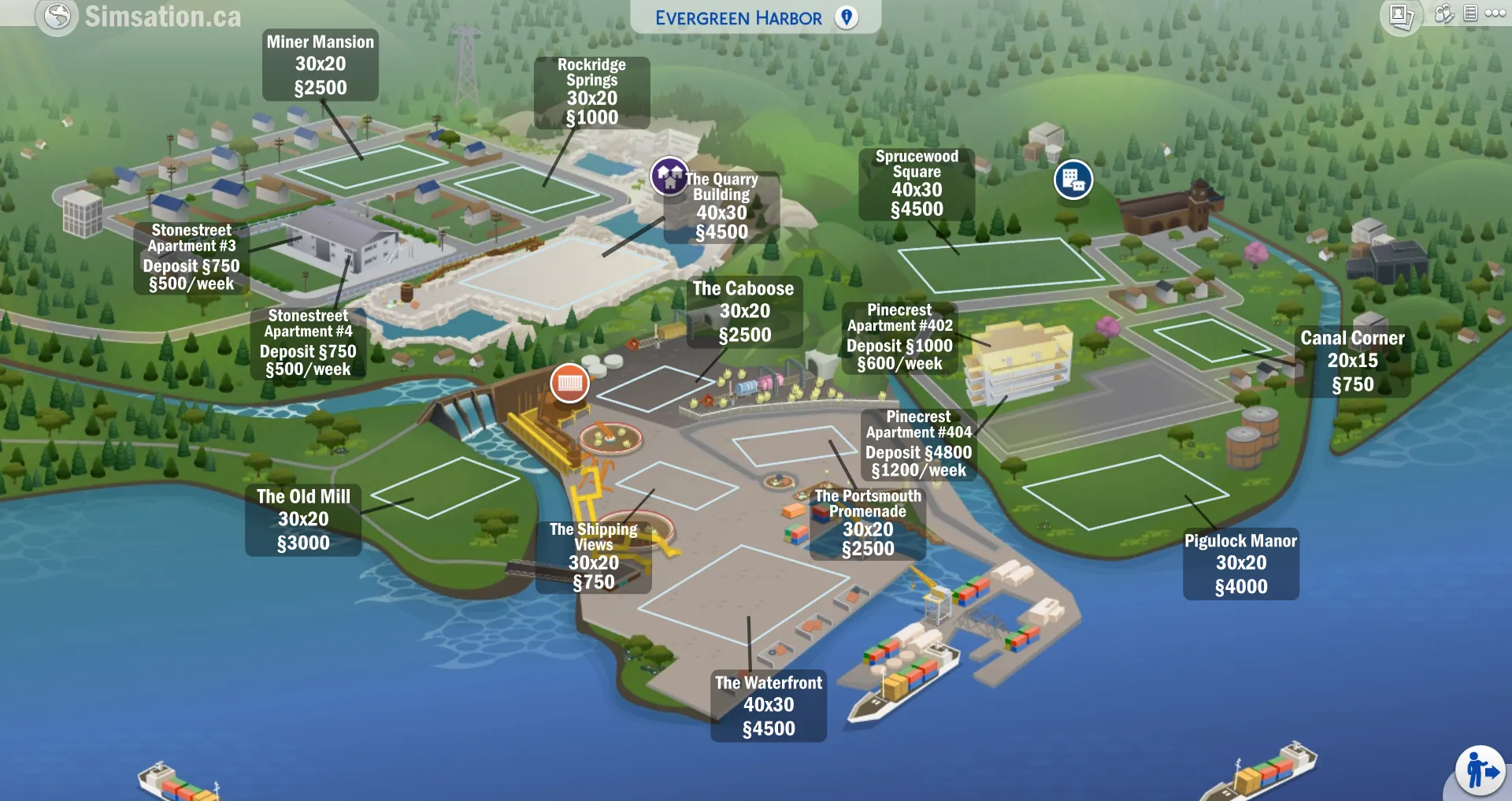 Labelled map of Evergreen Harbor showing bulldozed lots